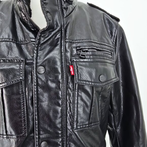 Levis Black Sherpa Lined Vegan Leather Moto Aviator Jacket Men Size Small - Picture 4 of 9